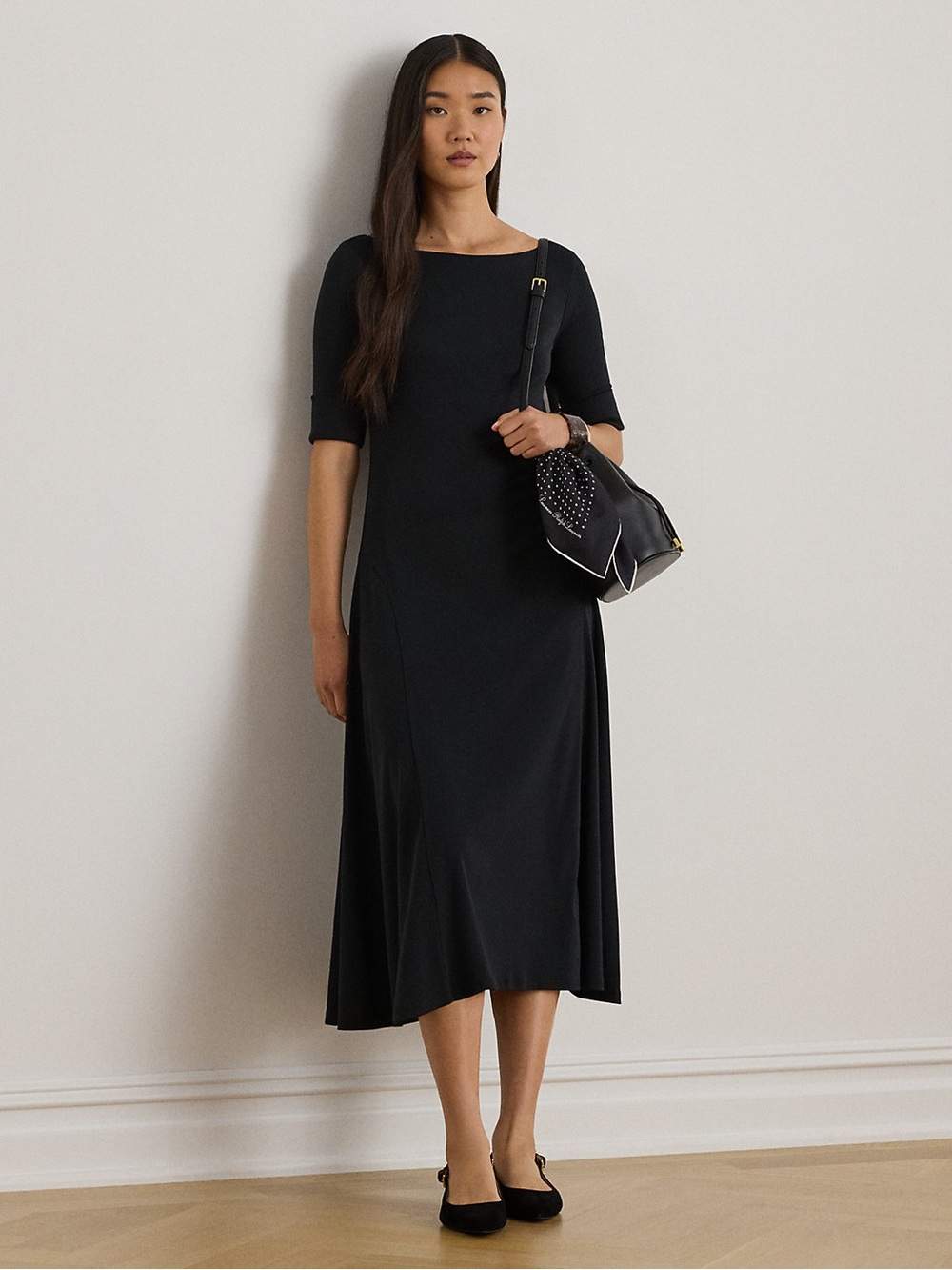 Lauren Ralph Lauren Rib-Knit Stretch Cotton Midi Dress Black Size L